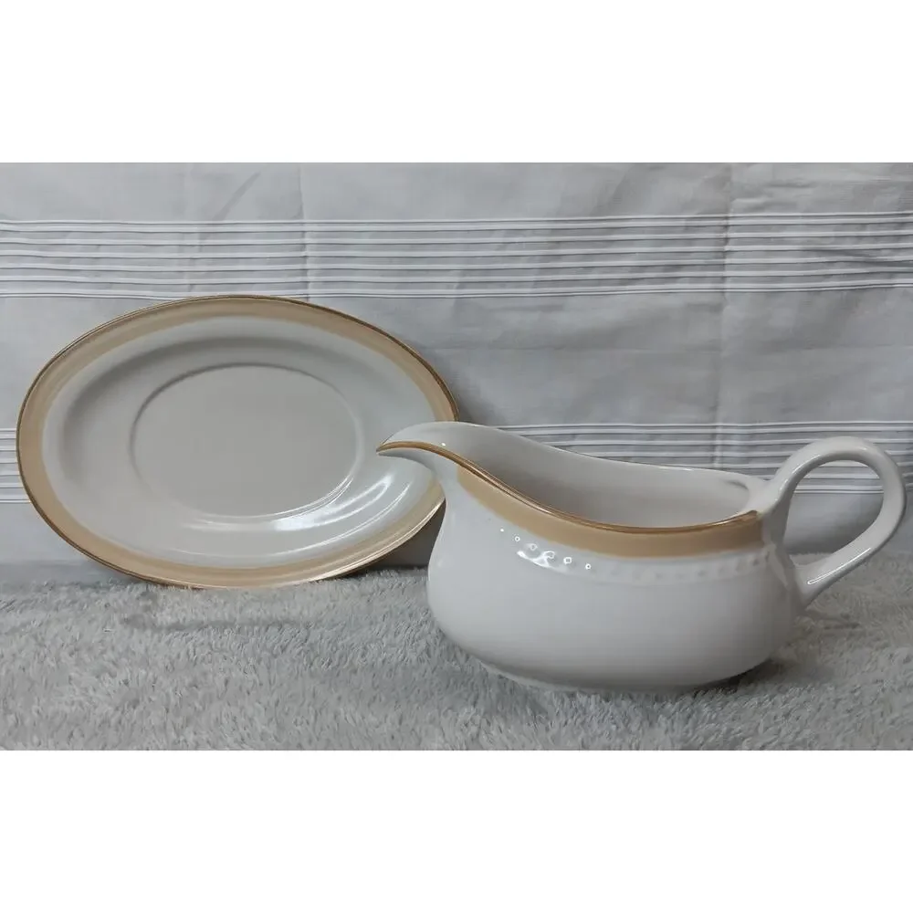 Johann Haviland Crowning Fashion Golden Band Vintage Gravy Boat with Underplate